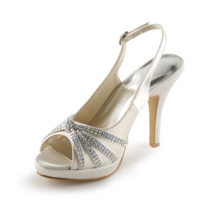 Women's Satin Stiletto Heel Peep Toe Platform With Rhinestone Champagne Wedding Shoes
