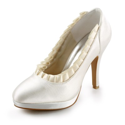 Women's Satin Upper Stiletto Heel Pumps With Ruffles Ivory Wedding Shoes