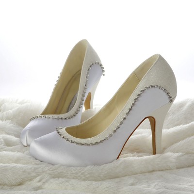 Women's Stiletto Heels Closed-toe Beading White Wedding Shoes