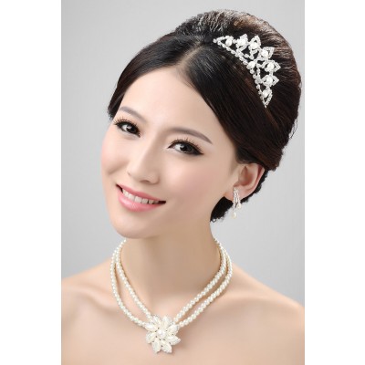 Stunning Pearls Alloy Clear Crystals Flower Wedding Headpieces Necklaces Earrings Set
