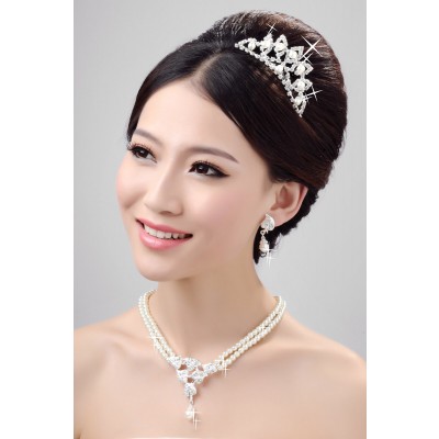 Stunning Pearls Alloy Clear Crystals Wedding Headpieces Necklaces Earrings Set