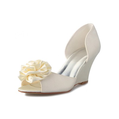 Women's Wedge Heel Satin Peep Toe With Flower White Wedding Shoes