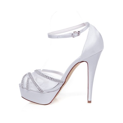 Women's Satin Peep Toe Stiletto Heel Rhinestones Wedding Shoes