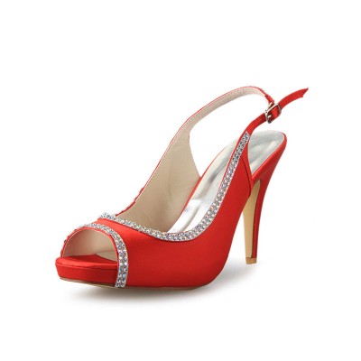 Women's Satin Platform Cone Heel Peep Toe With Rhinestone Red Wedding Shoes