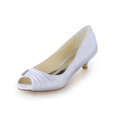 Women's Satin Peep Toe Kitten Heel With Rhinestone White Wedding Shoes