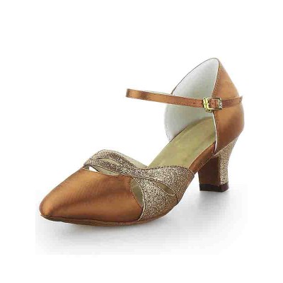 Women's Satin Closed Toe Chunky Heel Buckle Sparkling Glitter Dance Shoes