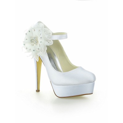 Women's Satin Platform Closed Toe With Flower Stiletto Heel White Wedding Shoes