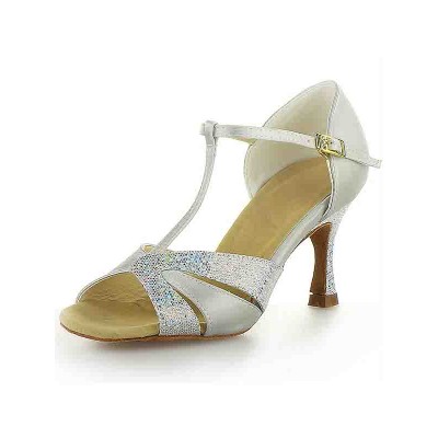 Women's Satin Stiletto Heel Peep Toe Buckle Sparkling Glitter Dance Shoes
