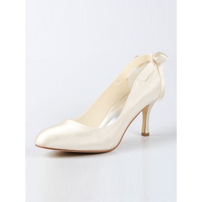 Women's Satin Closed Toe Spool Heel With Bowknot Ivory Wedding Shoes