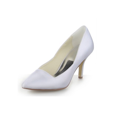 Women's Closed Toe Satin Stiletto Heel Dress White Wedding Shoes