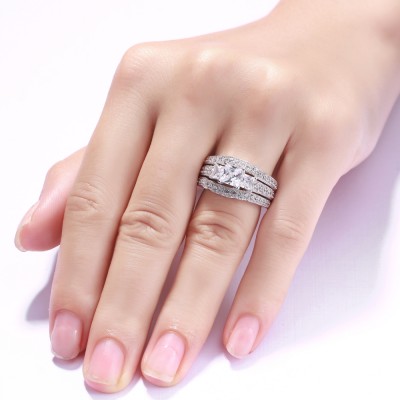 Princess Cut S925 Silver White Sapphire 3-Stone 3 Piece Ring Sets