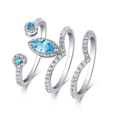 Marquise Cut Aquamarine & White Sapphire S925 Silver 3 Piece Ring Sets