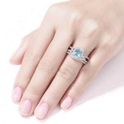 Emerald Cut 925 Sterling Silver Aquamarine Halo Ring Sets