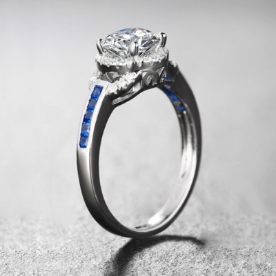 Round Cut S925 White Sapphire & Sapphire Halo Engagement Rings