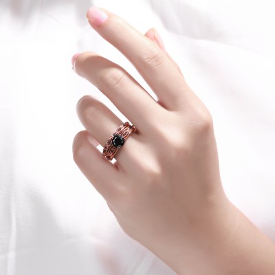 Round Cut Rose Gold S925 Silver Black Sapphire Art Deco Ring Sets
