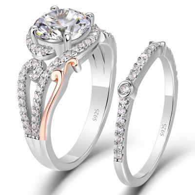 Round Cut White Sapphire 925 Sterling Silver Rose Gold Two-Tone Art Deco Halo Bridal Sets