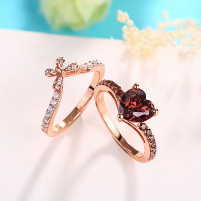 Heart Cut Chocolate Bow 925 Sterling Silver Art Deco Rose Gold Promise Bridal Sets
