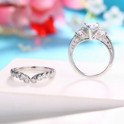 Pear Cut White Sapphire 925 Sterling Silver Heart 3-Stone Bridal Sets