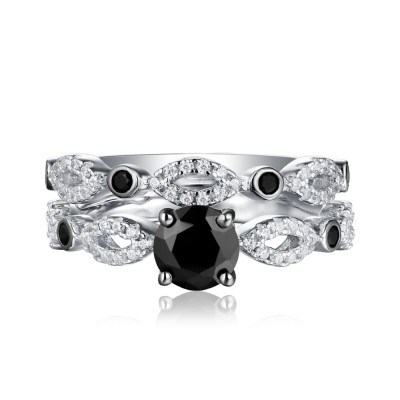 Round Cut Black & White Sapphire 925 Sterling Silver Ring Sets