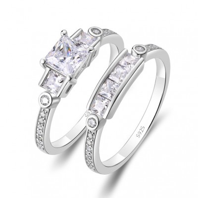 Princess Cut White Sapphire 925 Sterling Silver 3-Stone Bridal Sets