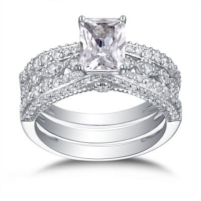 Emerald Cut White Sapphire Sterling Silver Womens Ring Sets
