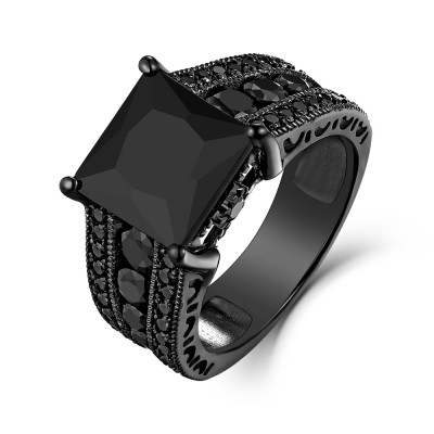 Black Sapphire Princess Cut Black 925 Sterling Silver Engagement Rings