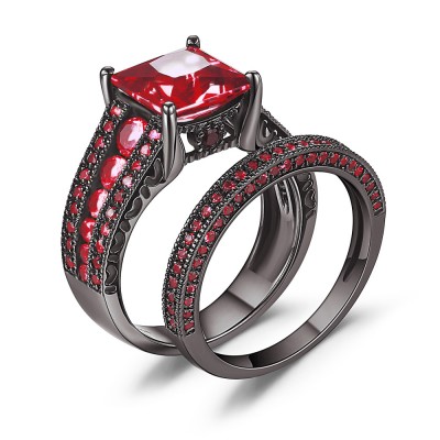 Princess Cut Black 925 Sterling Silver Ruby Ring Sets