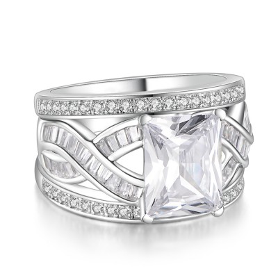 Emerald Cut White Sapphire 925 Sterling Silver Women's Bridal Ring Set