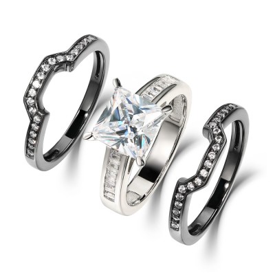 Princess Cut White Sapphire Black 925 Sterling Silver 3 Piece Bridal Sets