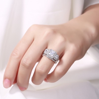 Princess Cut White Sapphire 925 Sterling Silver Halo 3-Stone Bridal Sets
