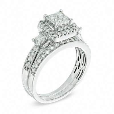 Princess Cut White Sapphire 925 Sterling Silver Halo 3-Stones Bridal Sets