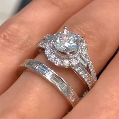 Round Cut White Sapphire 925 Sterling Silver Halo Bridal Sets