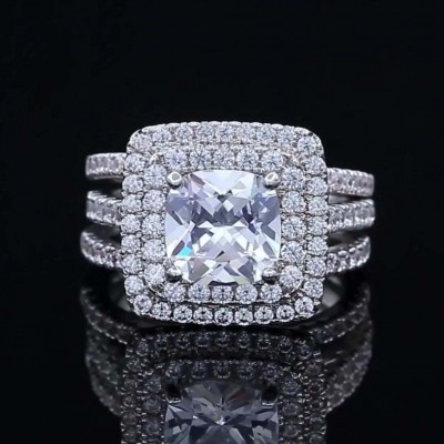 Cushion Cut White Sapphire 925 Sterling Silver Double Halo Bridal Sets