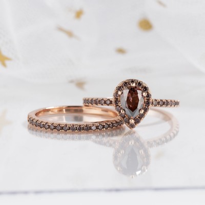 2.3CT Pear Cut Chocolate 925 Sterling Silver Rose Gold Halo Bridal Sets