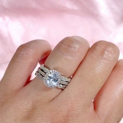 Oval Cut White Sapphire 925 Sterling Silver 3-Piece Halo Bridal Sets