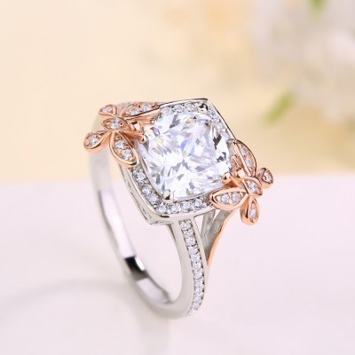 Cushion Cut White Sapphire 925 Sterling Silver Rose Gold Butterfly Halo Engagement Ring