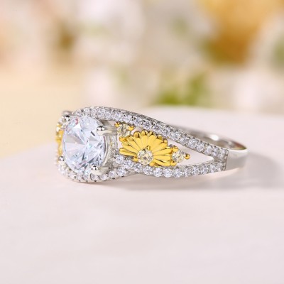 Round Cut White Sapphire 925 Sterling Silver Daisy Gold Two-tone Engagement Rings