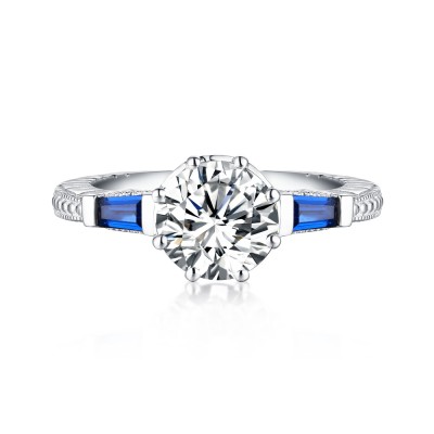 Round Cut S925 Silver Sapphire & White Sapphire Engagement Rings