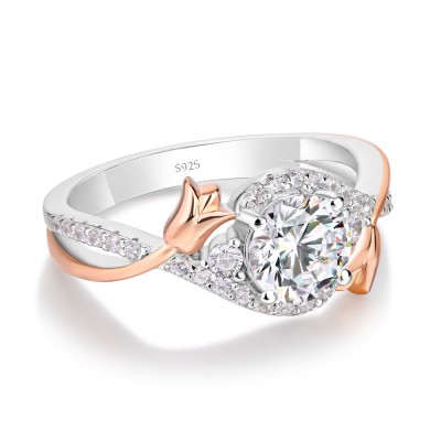 Floral Round Cut White Sapphire 925 Sterling Silver Rose Gold Two-Tone 3-Stone Engagement Ring