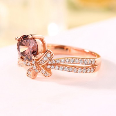 Round Cut Chocolate 925 Sterling Silver Rose Gold Bowknot Engagement Rings