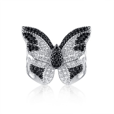 Round Cut S925 Silver Black & White Sapphire Butterfly Rings