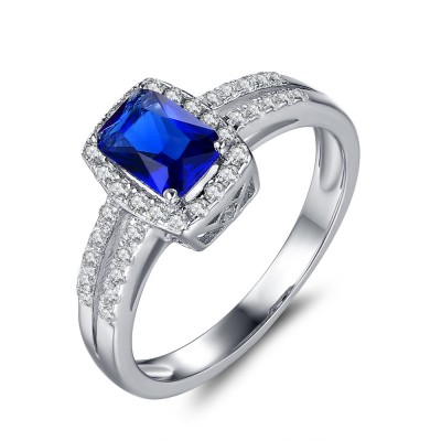 Cushion Cut Blue and White Sapphire Sterling Silver Engagement Ring