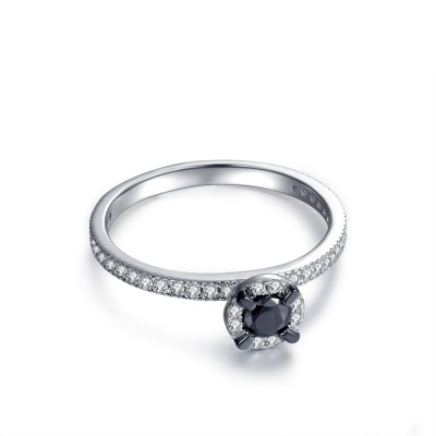 Round Cut 1/3CT Black Gemstone Sterling Silver Engagement Ring