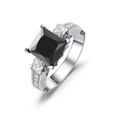 Princess Cut Black Gemstone 925 Sterling Silver Engagement Ring