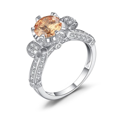 Round Cut Orange Sapphire 925 Sterling Silver Engagement Ring