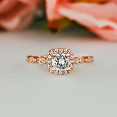 Round Cut White Sapphire 925 Sterling Silver Rose Gold Halo Engagement Rings