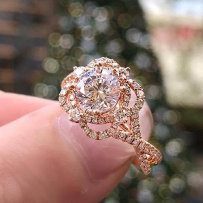 Round Cut White Sapphire 925 Sterling Silver Halo Rose Gold Engagement Rings