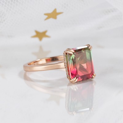 7.4CT Radiant Cut 925 Sterling Silver Rose Gold Watermelon Engagement Rings