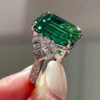 Emerald Cut Green Emerald 925 Sterling Silver 3-Stone Engagement Ring