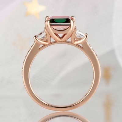 3.1CT Princess Cut 925 Sterling Silver Rose Gold 3-Stone Watermelon Engagement Rings